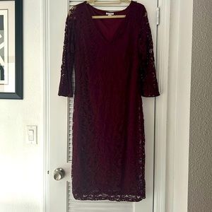 Party Dress. Burgundy Lace. V neck. Like new. Olivia Mathews. Size: 1X. $30 OBO